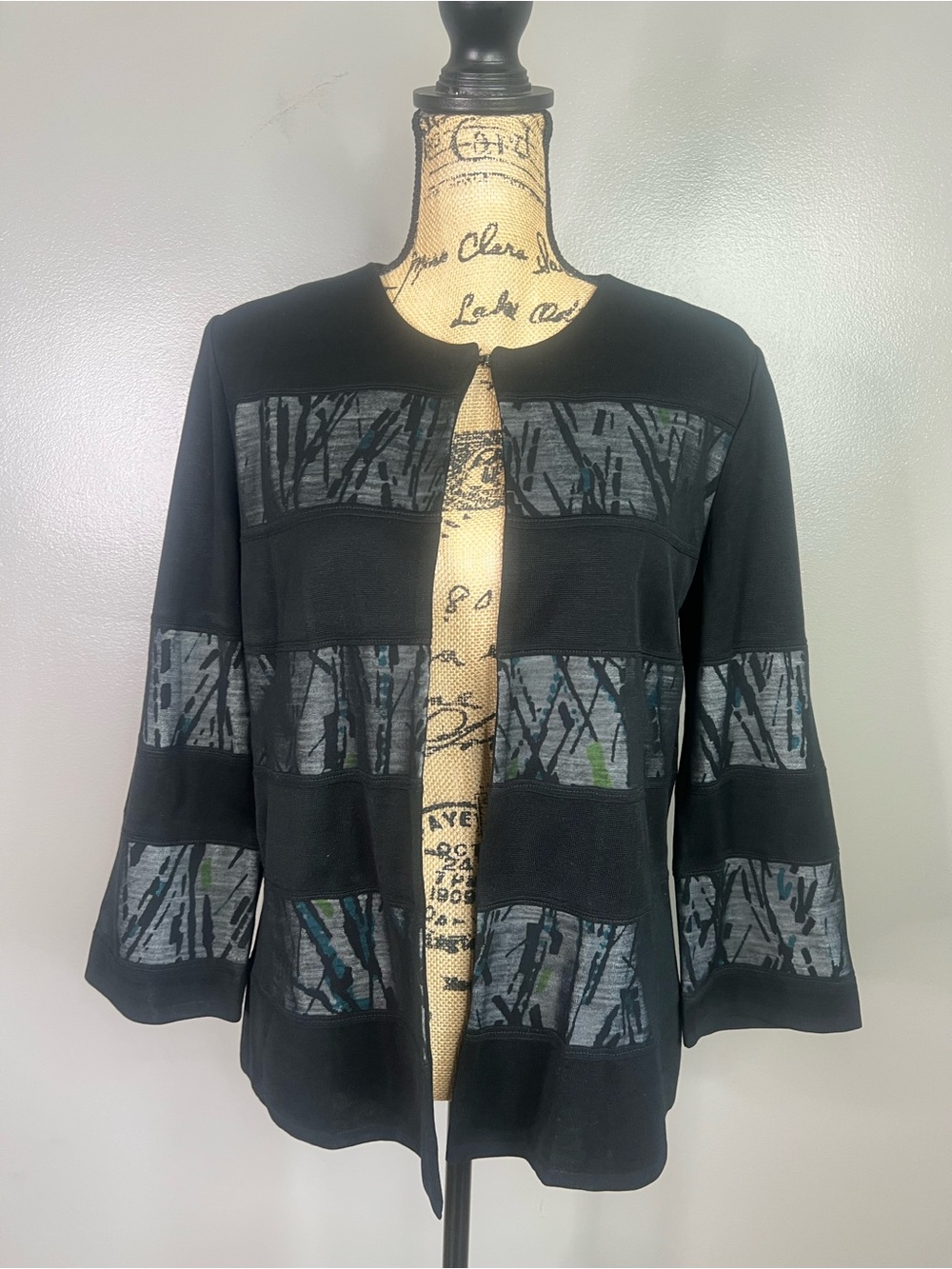 Ming‎ Wang black blazer mesh panel geometric knit medium artsy office career